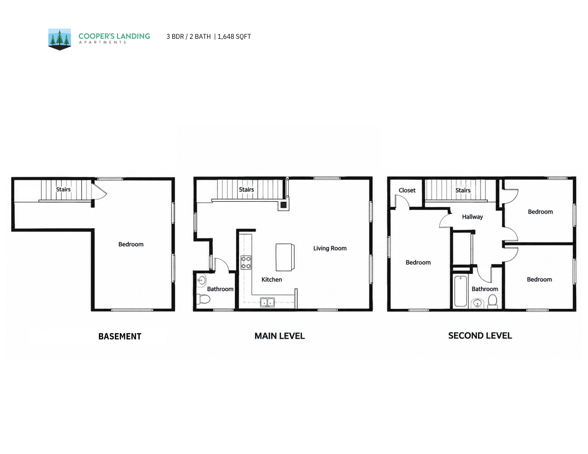 Floor plan for 3 beds, 2 baths, 1648 sqft